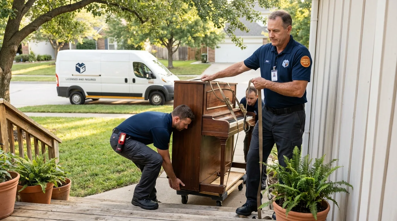 Licensed piano movers securing grand piano in Terry, MS
