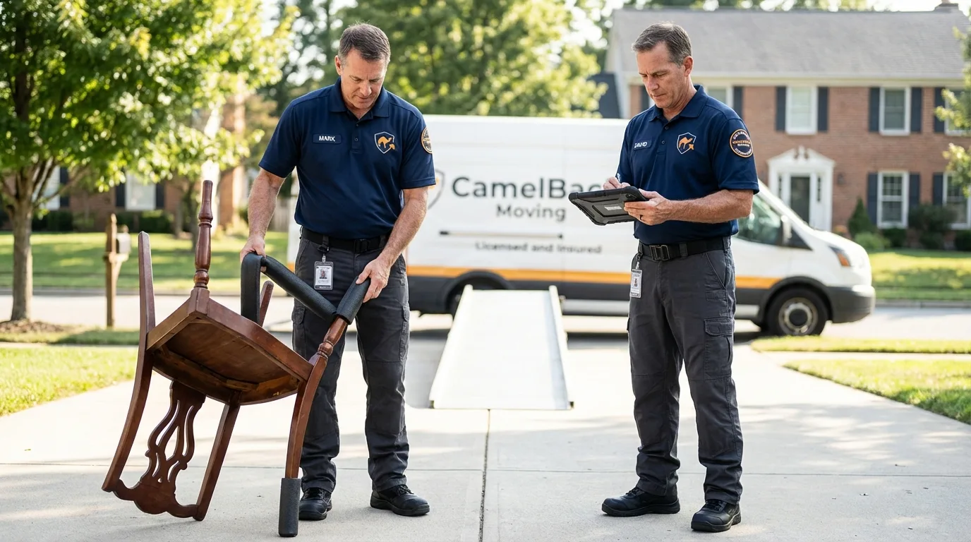 Movers inspecting furniture for damage prevention before loading in Terry, MS